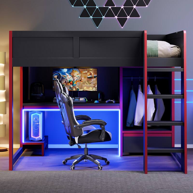 Modern Wood Gaming Loft Bed with Built-in Computer Desk, Wardrobe, LED and Drawer, Black Loft Bedframe, Space Saving Design