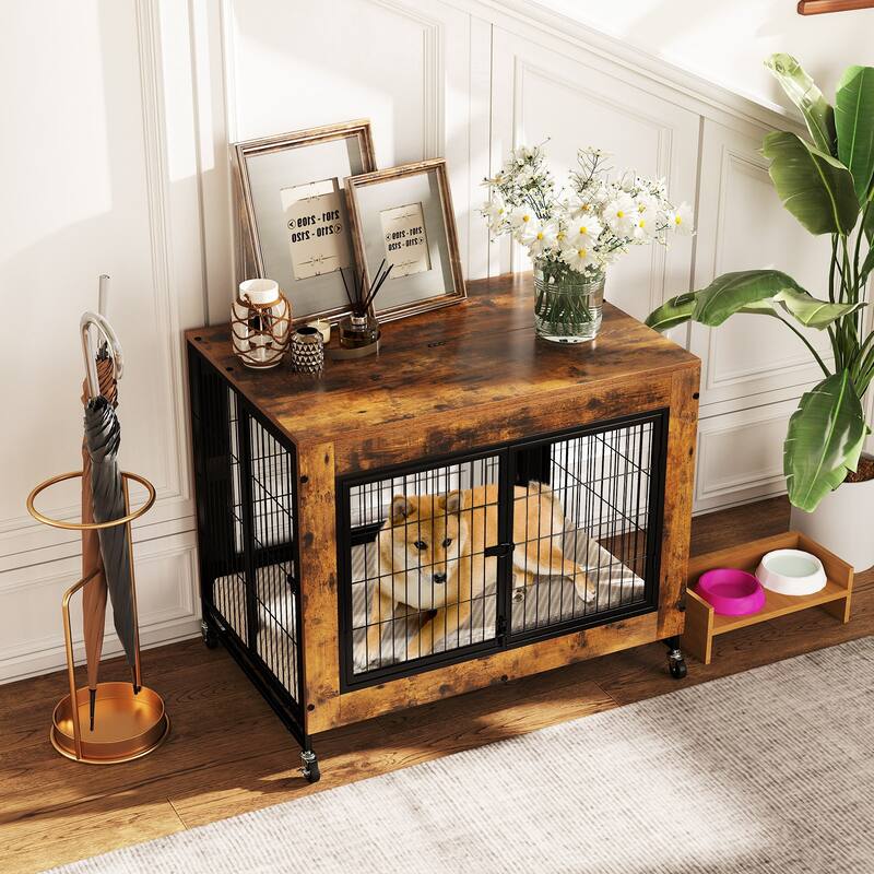 Gymax Dog Crate Furniture Industrial Dog Kennel w/ Flip-up Top