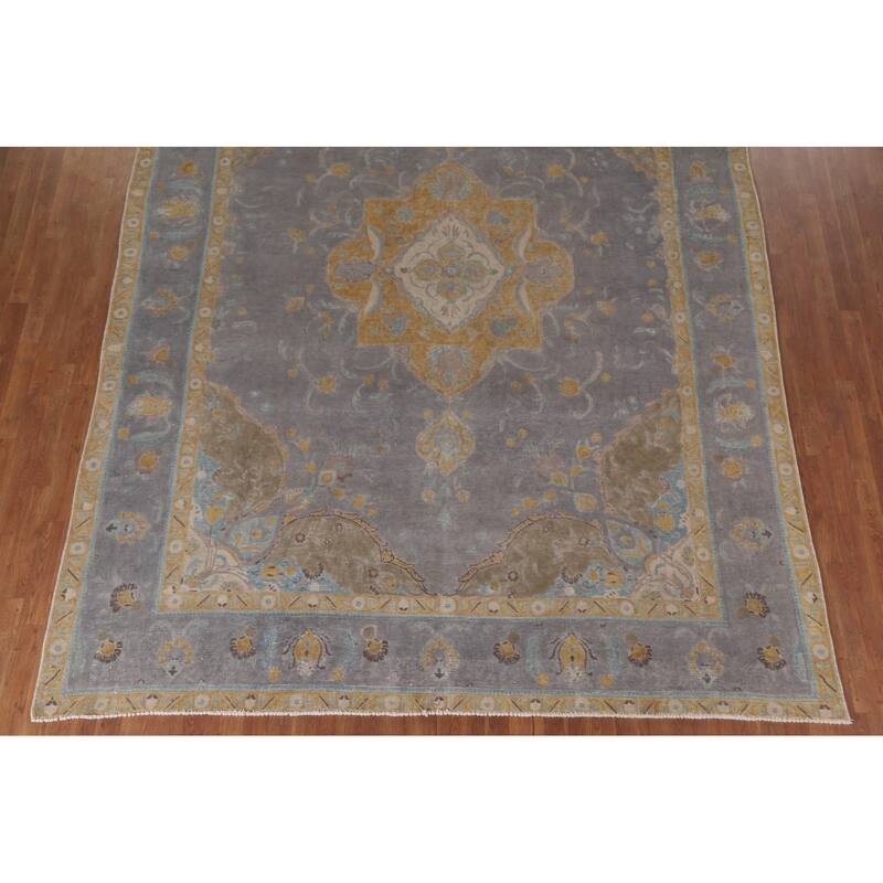 Hand Knotted Oriental 100% Wool Carpet Traditional Floral Greys & Charcoal Tabriz Area Rug - 12' 8'' X 9' 3''