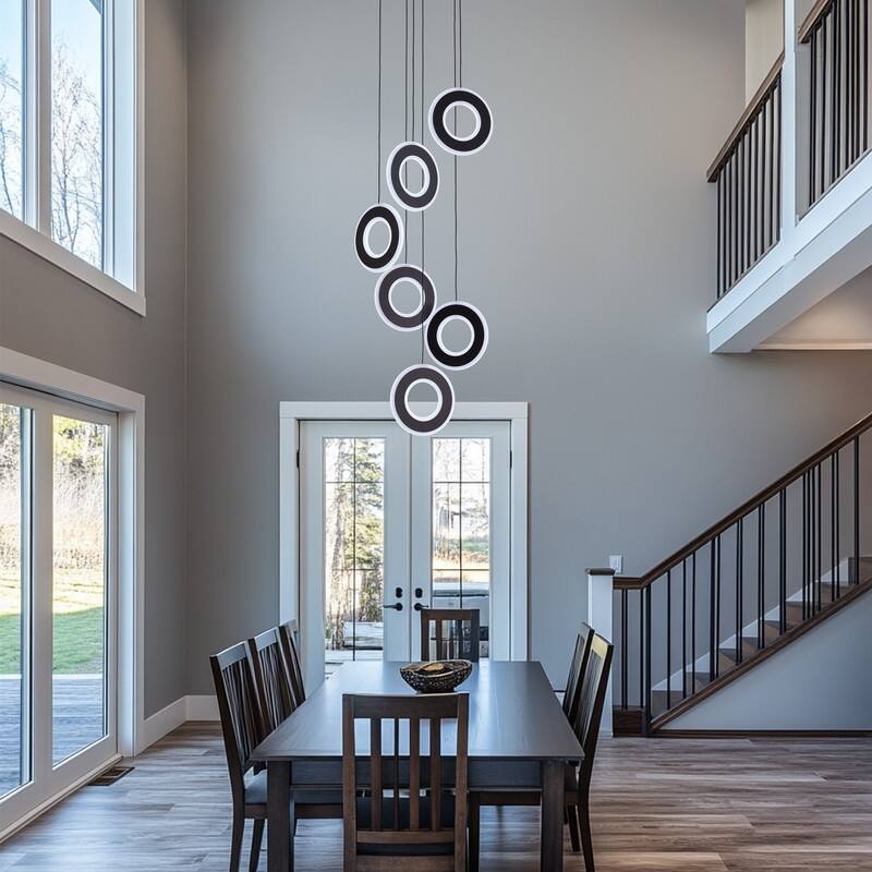 6- Light Black Chandelier for Entryway Dimmable LED Chandelier for Foyer Staircase Stairs with Remote/APP Control