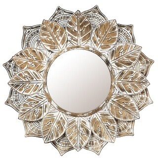 Distressed Brown and White Leaf Wreath Metal Frame Wall Mirror - 31.5" Diameter