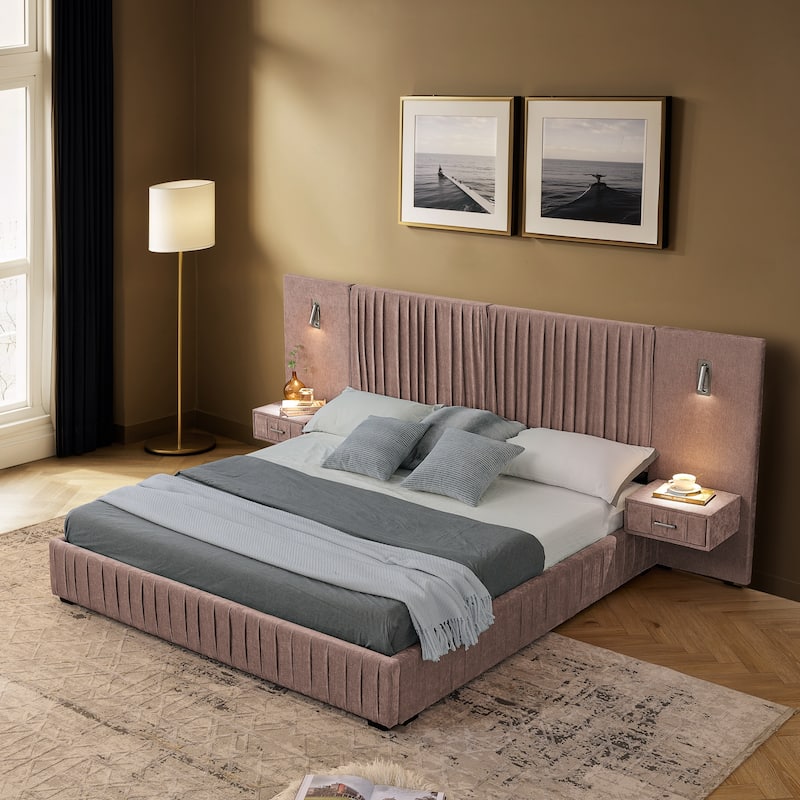 Pleating Upholstered Bed Platform Bed Frame with Enlarged Widened Headboard and Integrated Bedside Table Adjustable Bedside Lamp