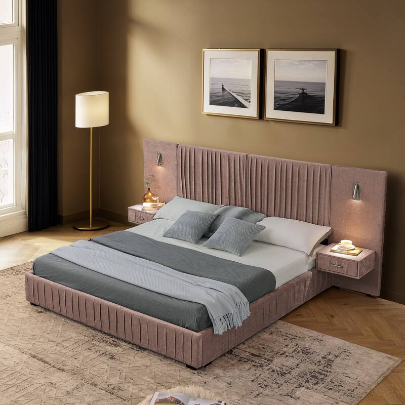 Queen Size Upholstered Platform Bed with Headboard, Chenille Fabric, and Built-in Nightstand, Pink