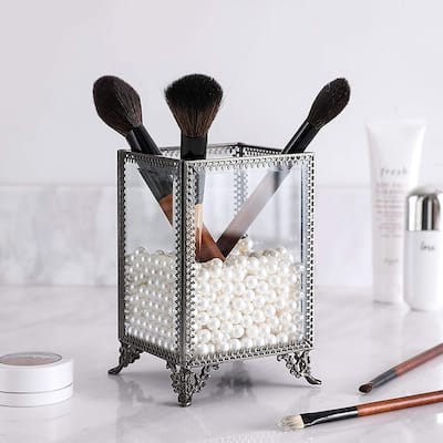 Glass Pearls Makeup Brush holder , Pen Holder ,Crystal Clear, Makeup Brush Organizer - Gold