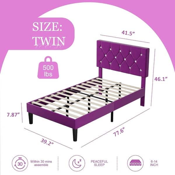 dimension image slide 0 of 6, VECELO Upholstered Kids Bed Frame with Diamond Tufted Headoard,Twin Size Bed Set of 2