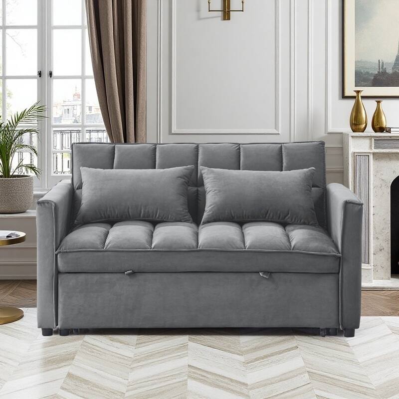 54” Velvet Pull-out Sleeper Sofa Bed,with 3 Adjusting Reclining Back & Storage - Solid Wood Frame,Twin Size-54” x 35.5” x 30”H