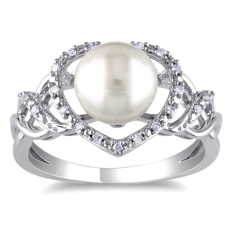 Miadora 8-8.5mm White Cultured Freshwater Pearl and 1/10ct TW Diamond Open Heart Ring in Sterling Silver