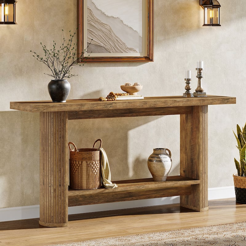 55" Industrial Brown Console Table 2-tier Sofa Table for Entryway - Brown