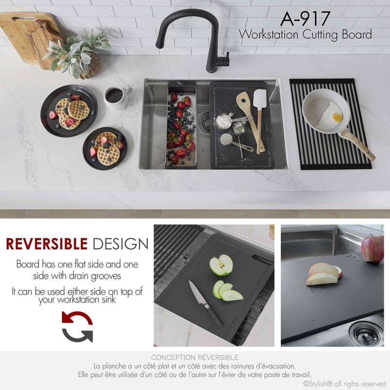 STYLISH Workstation Kitchen Sink Black Cutting Board A-917 - Length: 16 7/8" Width: 11"
