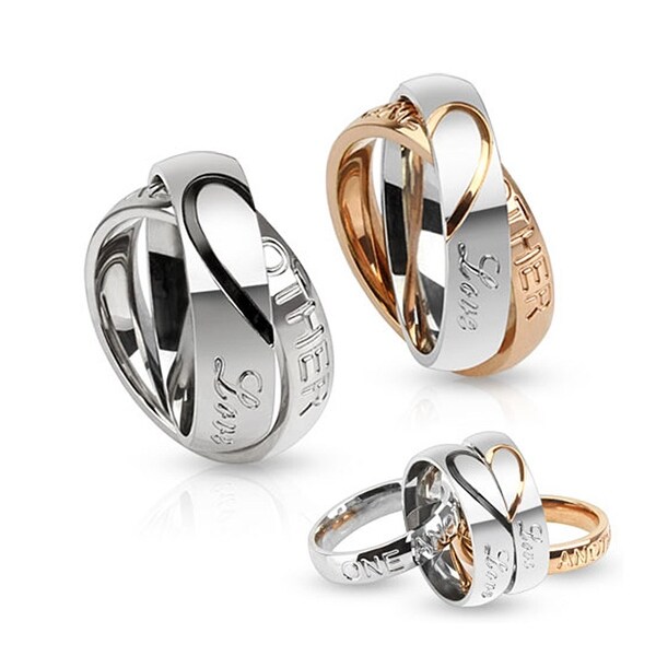 Half Heart Pair of Stainless Steel Two Toned Ring Couple Pendants with "Love One Another" Engravings (23 mm Width)