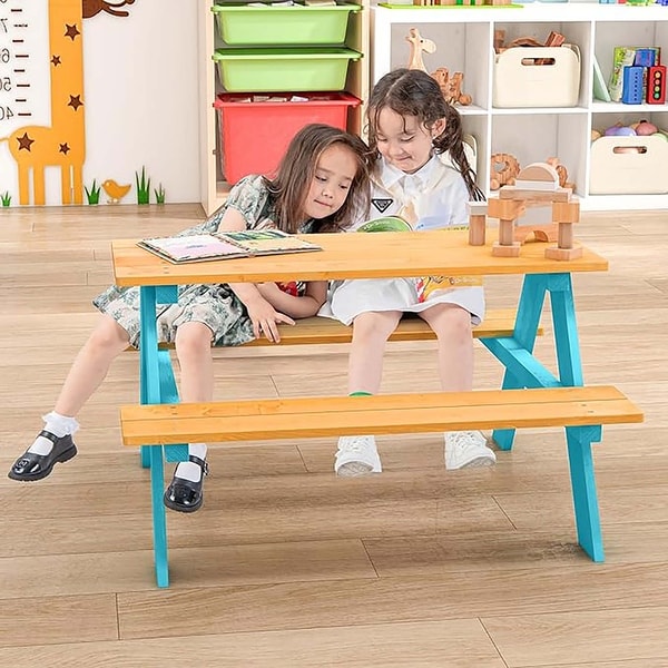 Kids Outdoor Picnic Wooden Table Set w/ Bench Seats Backyard - Bed