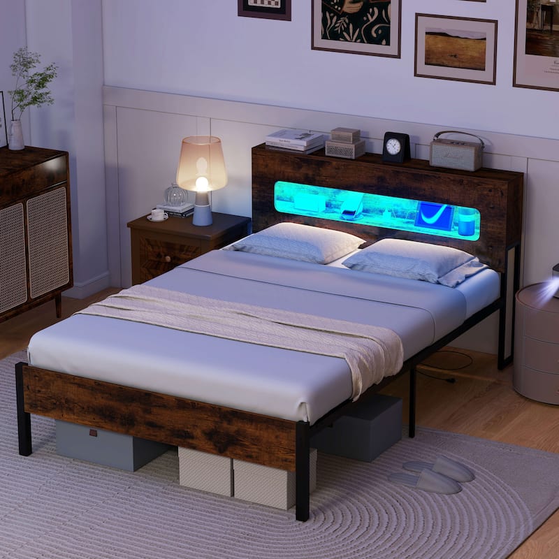 Costway Full Bed Frame with LED Lights Storage Headboard Power Outlets