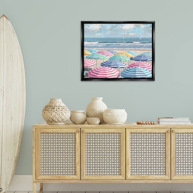 Stupell Shore with Bright Umbrellas Framed Floater Canvas Wall Art Design By Amber Sterling