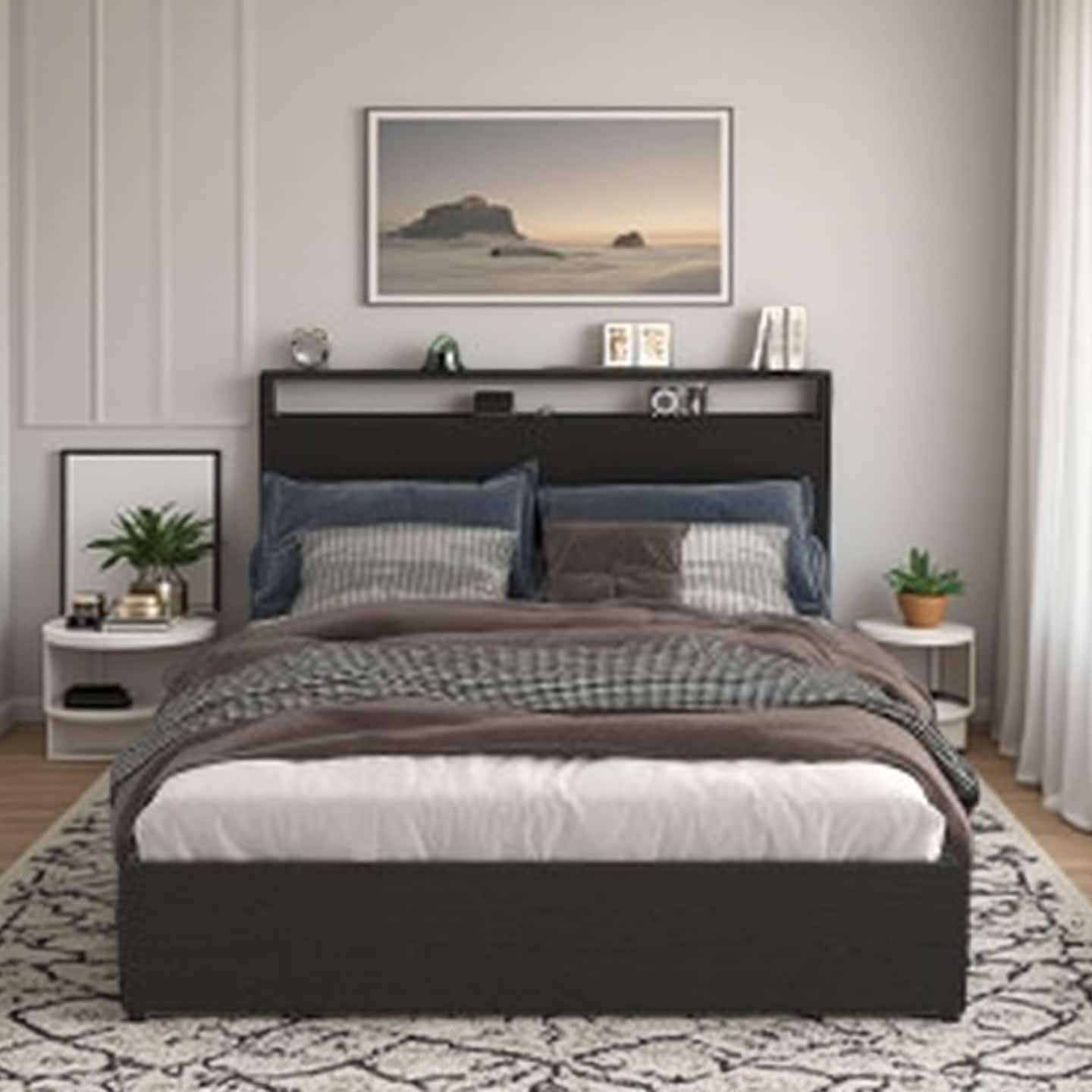 Queen Storage Bed with Headboard, Built-In Charging Station and USB/Type-C Ports, 4 Drawers, LED Lighting, Solid Metal Frame