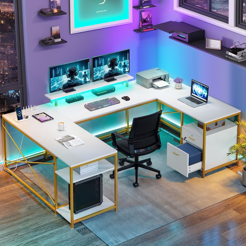 Moasis U Shaped Reversible Computer Desk with Drawers and Storage Shelves LED Ofiice Desk