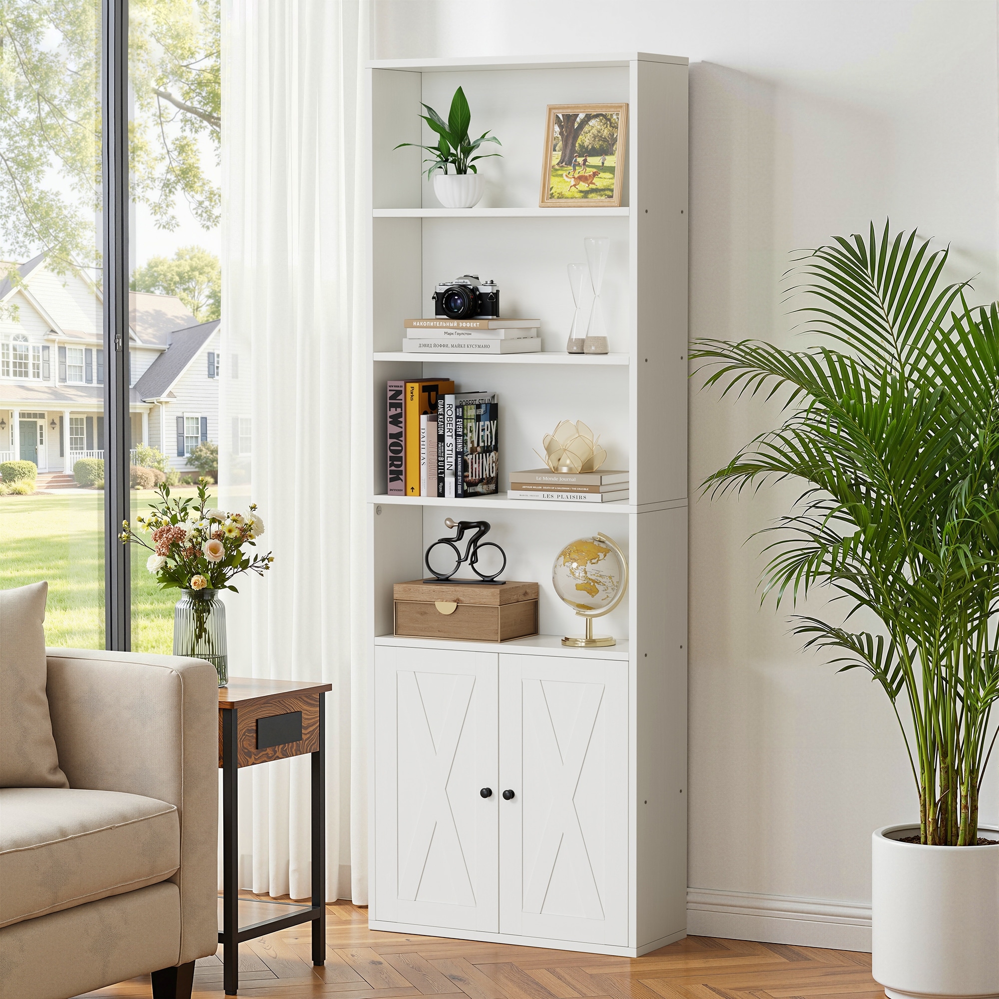 6-Tier Wood Bookcase, Storage Bookshelf with Doors