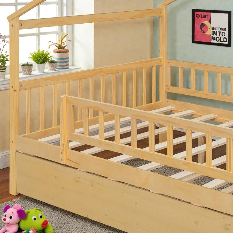 Twin/Full Wooden House Bed with Twin Trundle, Kids Platform Bed Frame with Roof Design, Solid Pine Wood