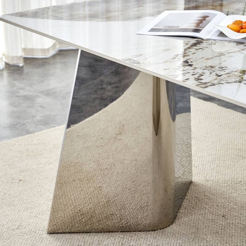 Roomfitters Rock Slab Dining Table with Pandora Pattern and Silver Stainless Butterfly Legs for Modern Interiors