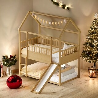 Twin over Twin House Bunk Bed Wooden Floor Bunk Bed with Slide