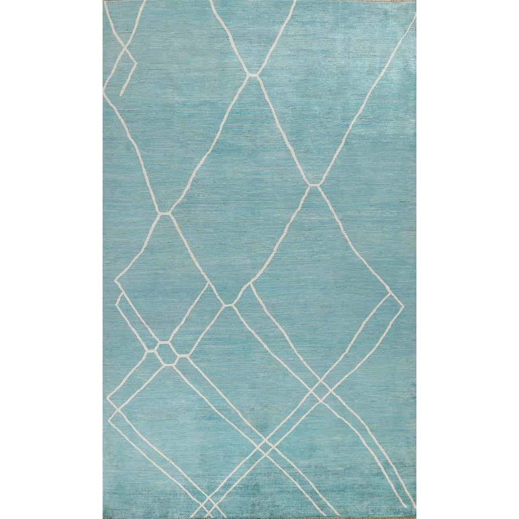 Turquoise Moroccan Vegetable Dye Oriental Wool Area Rug Hand-knotted - 6'4" x 9'8"