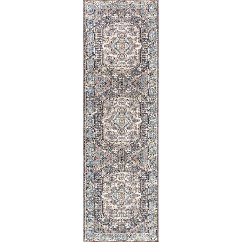Anatolia Vintage Medallion Area Rug - 2 X 8 - Charcoal Grey/Ivory