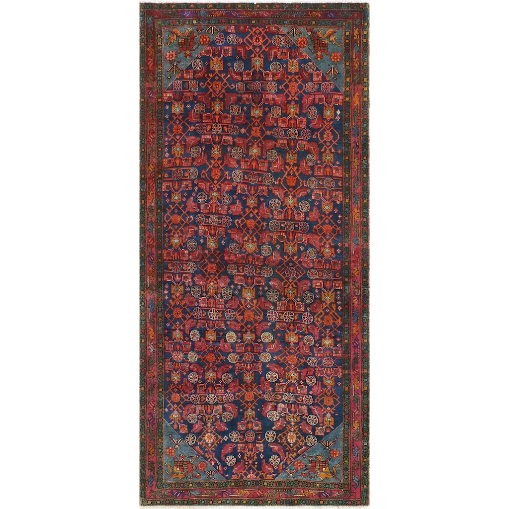 Fine Vintage Distressed Ginette Navy/Orange Runner - 4'3" x 9'7"