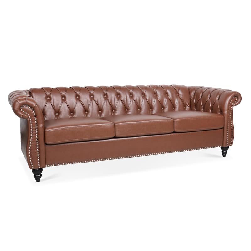 84.65" PU Leather Chesterfield Sofa with Rolled Arms (3-Seater)