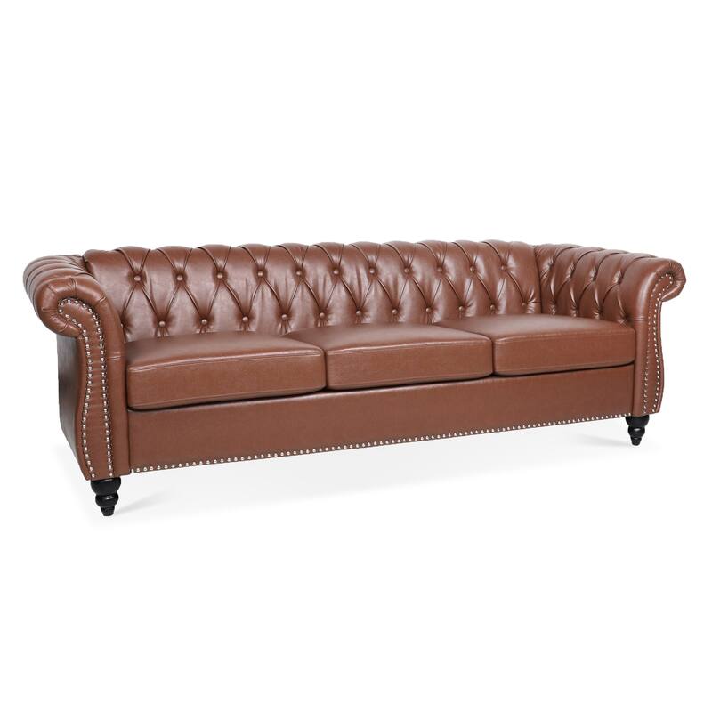 84.65"PU Rolled Arm Chesterfield Three Seater Sofa.