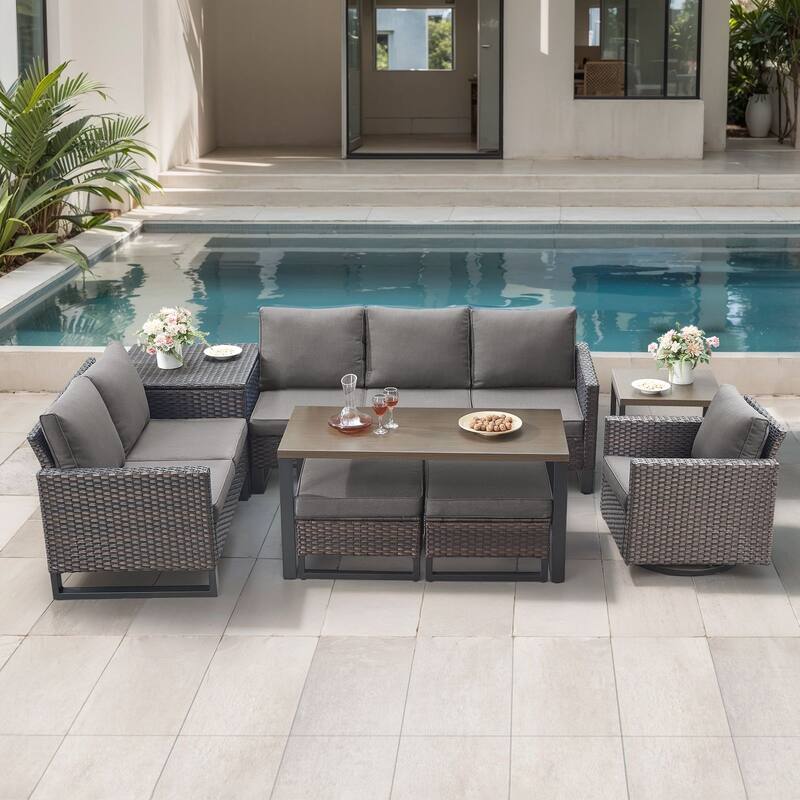 Gymojoy 6-8 Person All-Weather Wicker Outdoor Conversation Set Seating Group With Swivel Chairs And Ottomans - Brown Wicker / Gray Cusion - 8-Piece
