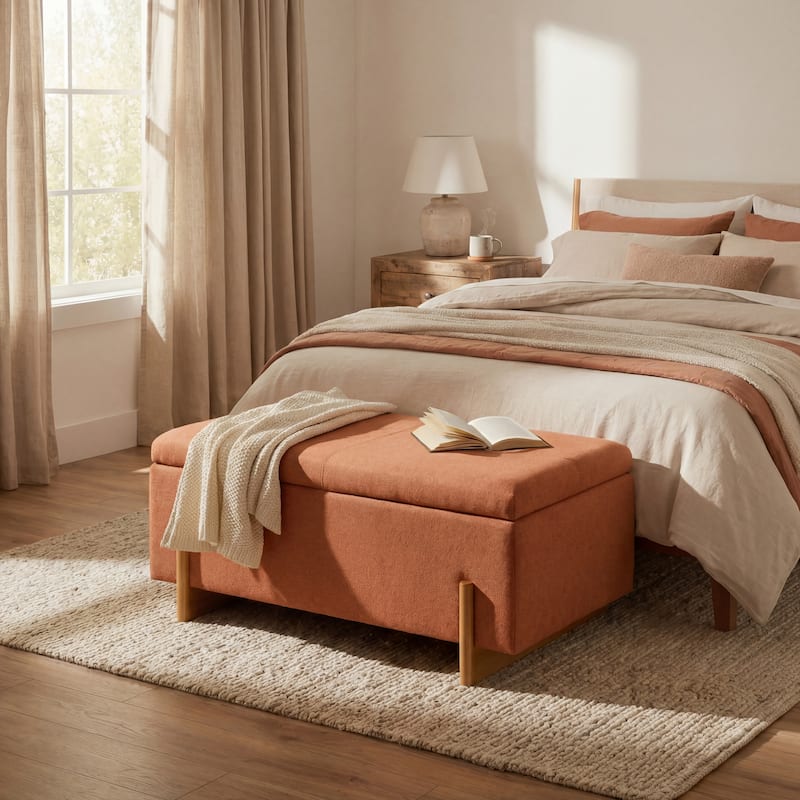 Christopher Knight Home -Luno 39.76" Modern Upholstered Hidden Storage Bench with Lift-Top Lid & Solid Wood Legs - Burnt Orange