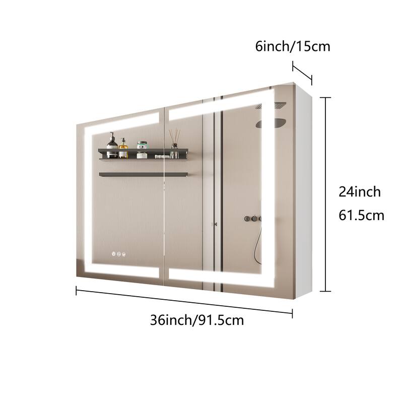36 in. W x 24 in. H Rectangular Aluminum Frameless LED Lighted and Defogger Medicine Cabinet with Mirror