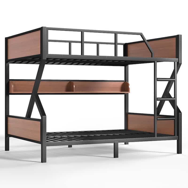 Full over Full Bunk Bed, Metal Bunk Bed with Storage Shelves and Lights, Space-saving & Noise-free Design, Black