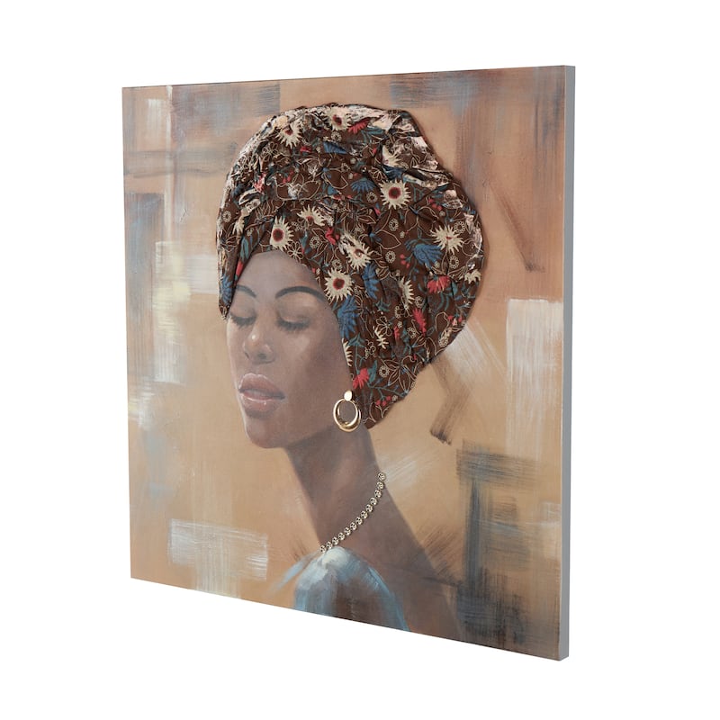 Canvas Woman Wall Art with 3D Fabric Headwear And Gold Jewels - Brown - Roche River Decor