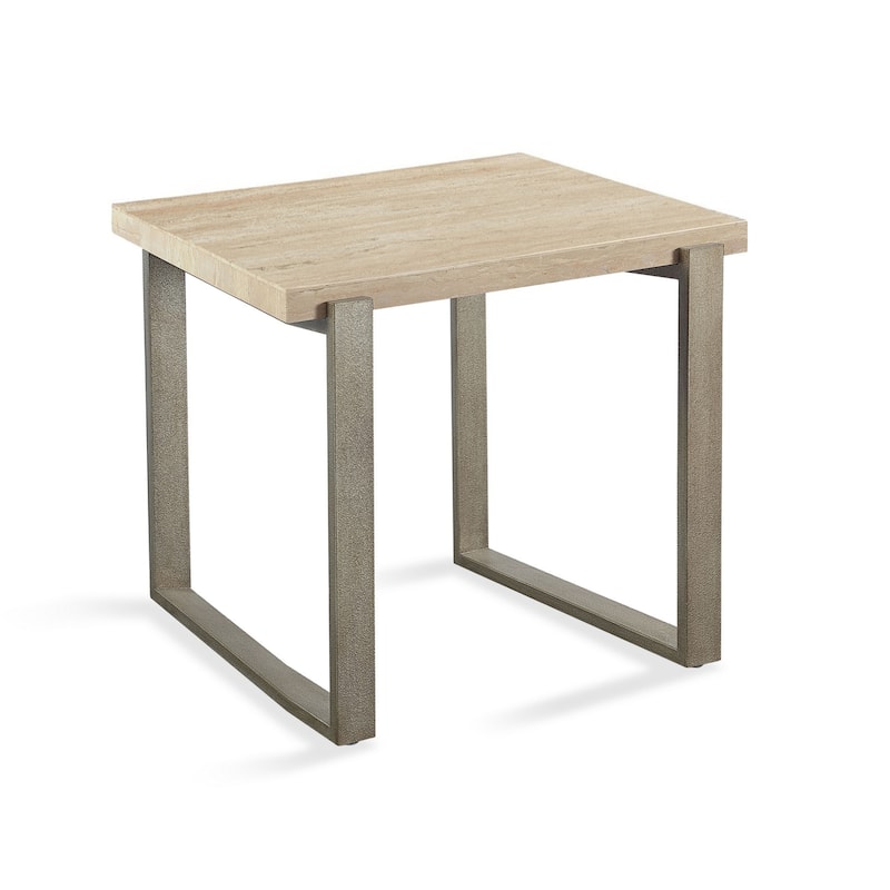24 Inch Side End Table, Stone Tabletop, Metal Sled Base, Bronze