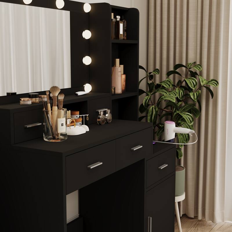 Vanity with Mirror and Hair Dryer Rack 5 Drawer Dressing Table Stool USB Charging Station