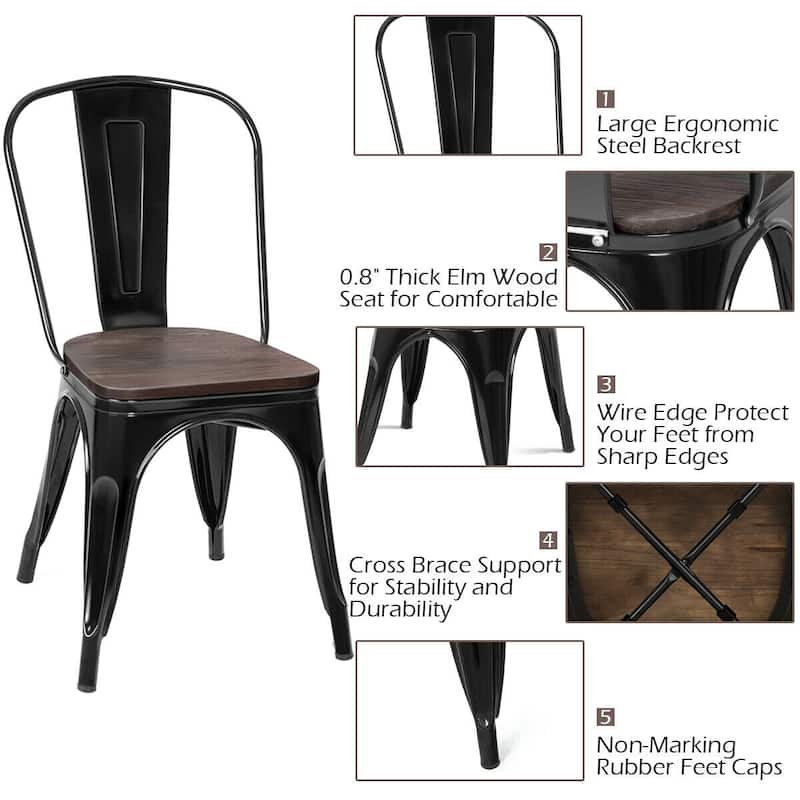 Set of 4 Stackable Metal Dining Chairs with 18-Inch Wood Seats - 17" x 21" x 33" (L x W x H)
