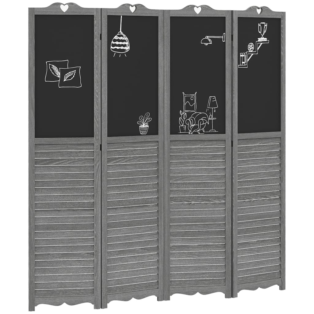 4-Panel Folding Room Divider with Blackboard, 5.5 Ft Tall Freestanding Privacy Screen Panels for Bedroom or Office, Gray