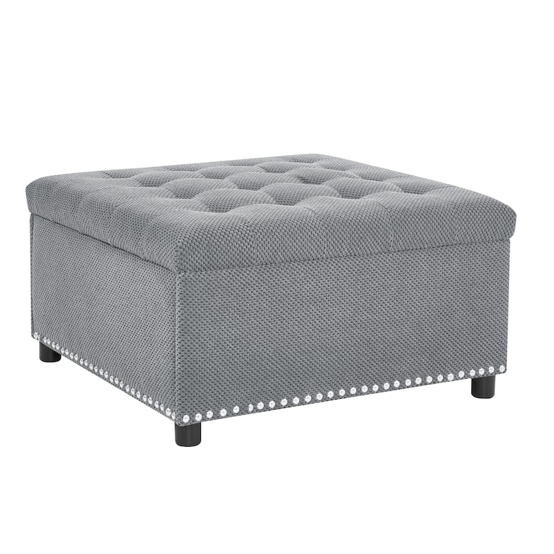 Square Tufted Upholstered Storage Ottoman with Nailhead Trim