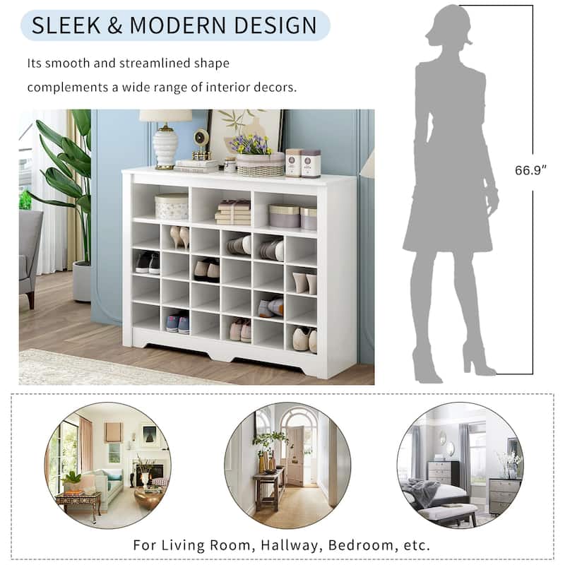 Roomfitters Modern 24-Cubby Shoe Cabinet with Curved Base, Console and Versatile Sideboard for Entryway