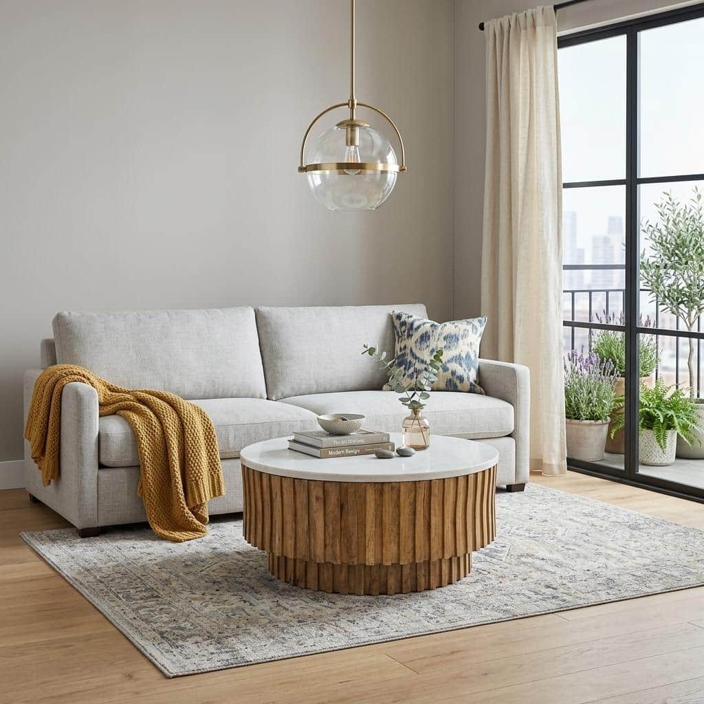HomeRoots 42" Ivory and Natural Genuine Marble and Solid Wood Round Solid Coffee Table - 42.00 in. x 19.00 in. x 42.00 in.