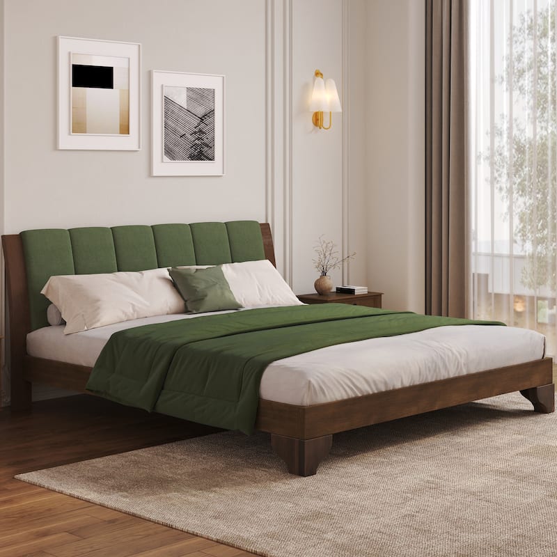 Pine Wood Bed Frame Mid Century Modern Platform Bed with Green Upholstered Headboard, Wood Slat Support Low Profile Wingback Bed - Green Walnut - King