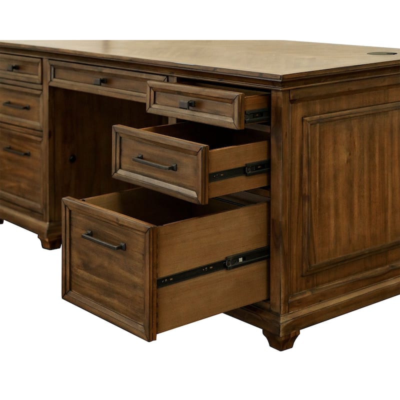 Traditional Wood Double Pedestal Executive Desk, Writing Table, Office Desk, Fully Assembled, Brown