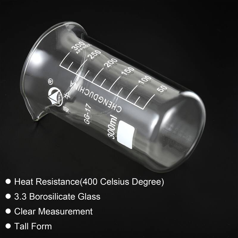 300ml Tall Form Glass Beaker, 3.3 Borosilicate Lab Measuring Cups - Clear