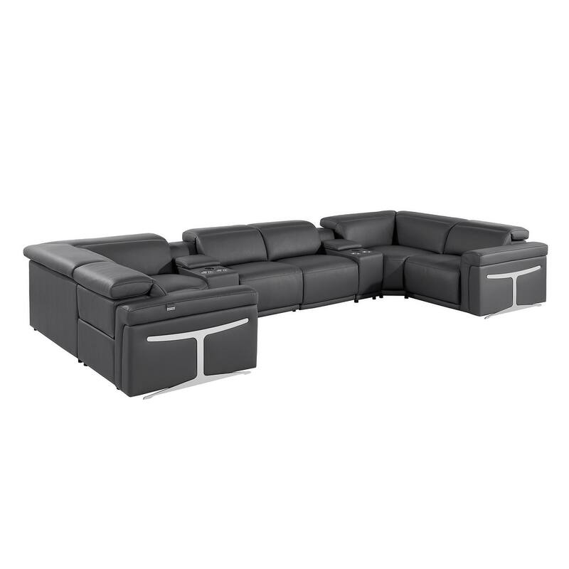HomeRoots Dark Gray Italian Leather Power Reclining U Shaped Eight Piece Corner Sectional With Console