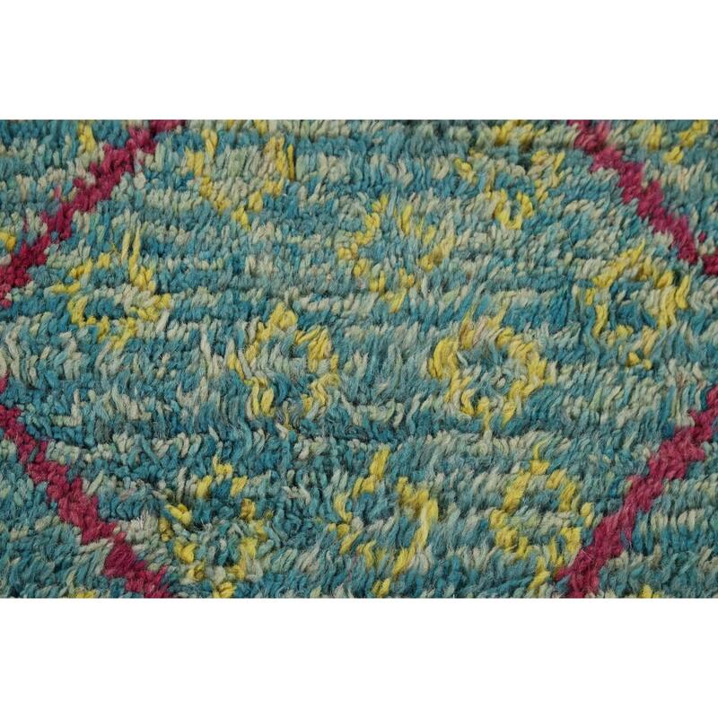Turquoise Trellis Moroccan Plush Accent Rug Handmade Wool Carpet - 3'0" x 5'4"