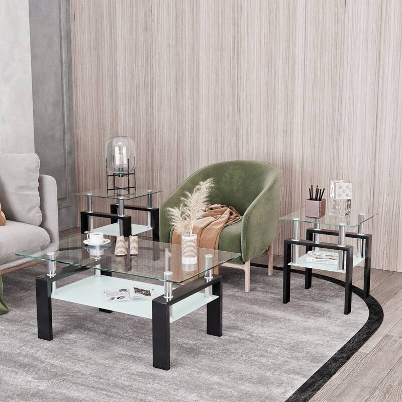 Set of 2 Tempered Glass Coffee Table End Table Set