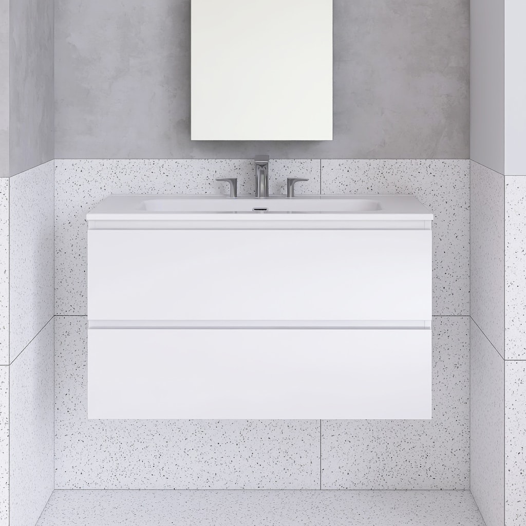Floating Integrated Bathroom Vanity with Ceramic Sink, Three Faucet Holes