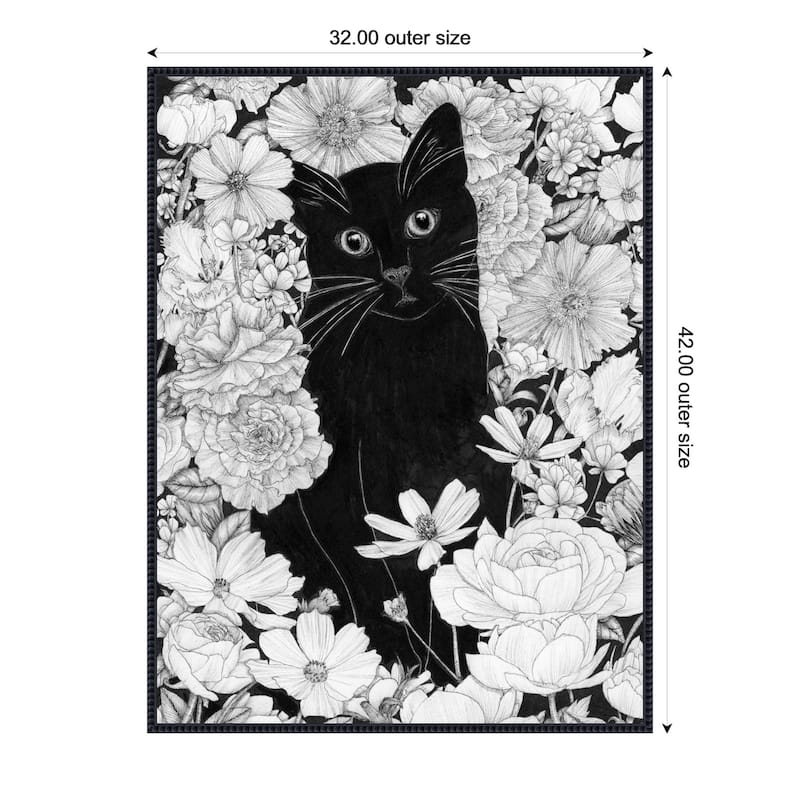 Little Black Garden Cat by Ec Mazur Framed Canvas Wall Art - 32 x 42 in