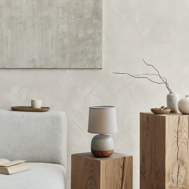 Simple Designs Petite Mid Century Table Lamp, Dark Wood and Light Gray - N/A