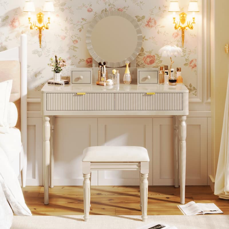 Vanity Desk with Adjustable Round Mirror, Wooden Dressing Table Set, Makeup Vanity Table with 4 Drawers & Cushioned Stool